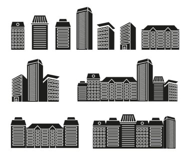 İzole siyah ve beyaz renk gökdelenler ve lineart stili simgeler koleksiyonu, mimari yapılar vektör çizimler set cityscape alçak evleri.