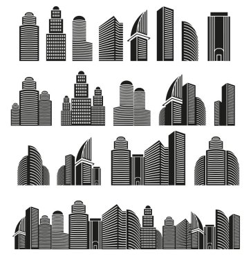 Lineart stili simgeler koleksiyonu, cityscape mimari yapılar vektör çizimler kümesinin içinde izole siyah ve beyaz renk gökdelenler.