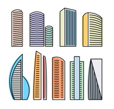 Lineart stili simgeler koleksiyonu içinde izole renkli gökdelenler, kentsel mimari yapılar unsurları illüstrasyonlar set vektör.