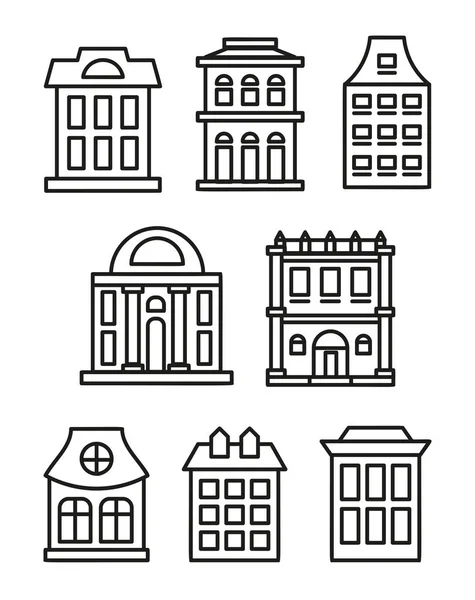 İzole siyah ve beyaz renk düşük katlı Belediye evleri lineart stili simgeler toplama, kentsel mimari yapılar vektör çizimler kümenin öğeleri. — Stok Vektör