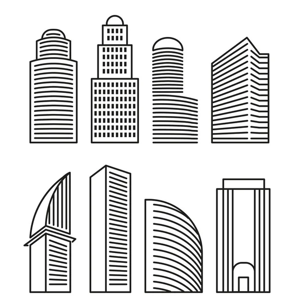 Kolor czarno-białe na białym tle wieżowce kolekcja ikony stylu przebiegłość, elementów architektonicznych budynki wektor ilustracje zestawu. — Wektor stockowy