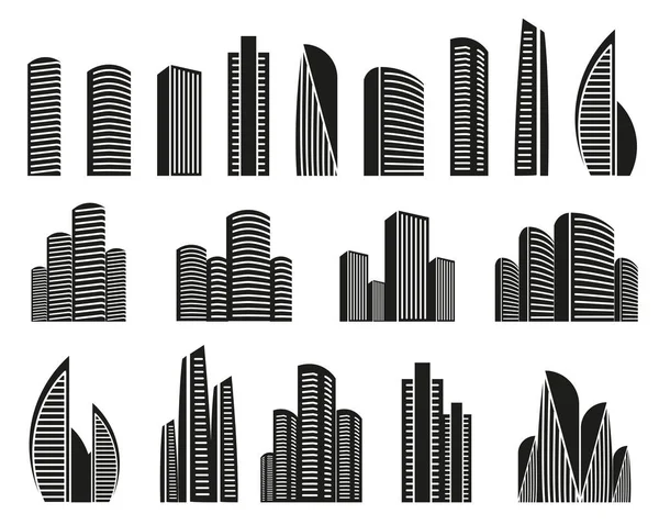Изолированные черно-белые цветные небоскребы в коллекции икон линейного стиля, элементы векторных иллюстраций городских архитектурных зданий . — стоковый вектор