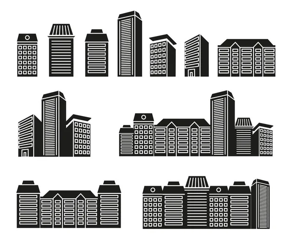 İzole siyah ve beyaz renk gökdelenler ve lineart stili simgeler koleksiyonu, mimari yapılar vektör çizimler set cityscape alçak evleri. — Stok Vektör