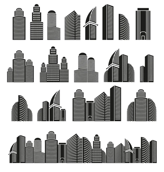 Izolované černé a bílé barvy mrakodrapů v lineart styl ikony kolekce, panoráma architektonických budov vektorové ilustrace sady. — Stockový vektor