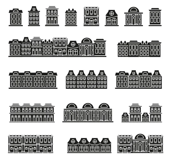 Maisons municipales isolées de couleur noire et blanche de faible hauteur dans la collection d'icônes de style linéaire, éléments de bâtiments architecturaux urbains ensemble d'illustrations vectorielles . — Image vectorielle