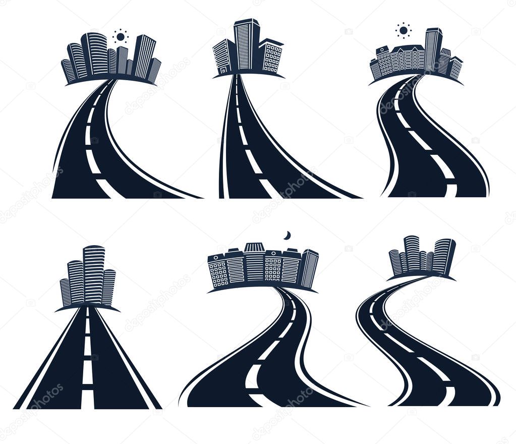 Isolated highway road with dividing marking and cityscape icons collection vector illustration.