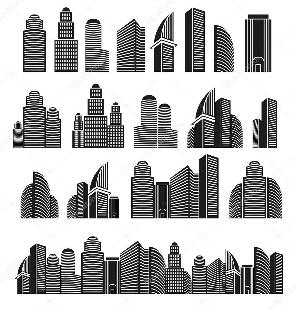 Isolated black and white color skyscrapers in lineart style icons collection, cityscape of architectural buildings vector illustrations set.