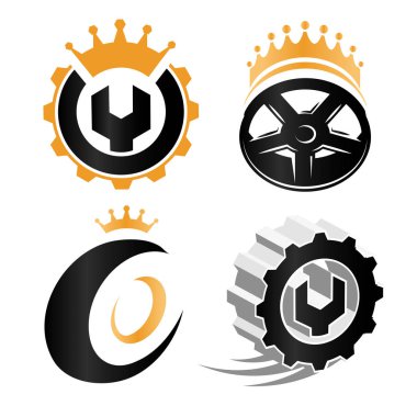 Logosu hazır, araba tekerlekleri elemanları izole soyut tamir servisi detayları, Mekanik aleti üzerinde beyaz çizimler koleksiyon vektör.