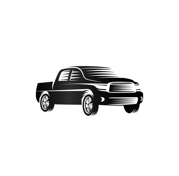 Geïsoleerde monochroom gravure stijlkenmerk pick-up trucks, auto's logo, zwarte kleur automotive voertuig vectorillustratie — Stockvector