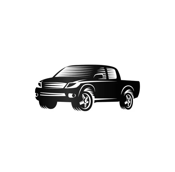 Isolerade monokrom gravyr stil pickup lastbilar logotyp, bilar logotype, svart färg fordon vektorillustration — Stock vektor