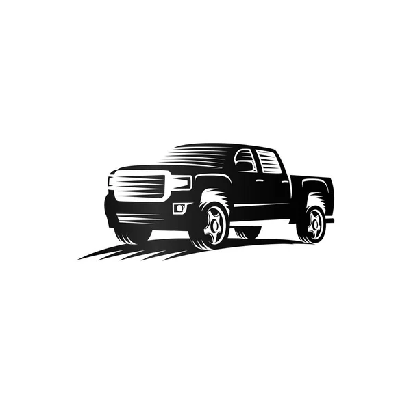 Isolerade monokrom gravyr stil pickup lastbilar logotyp, bilar logotype, svart färg fordon vektorillustration — Stock vektor