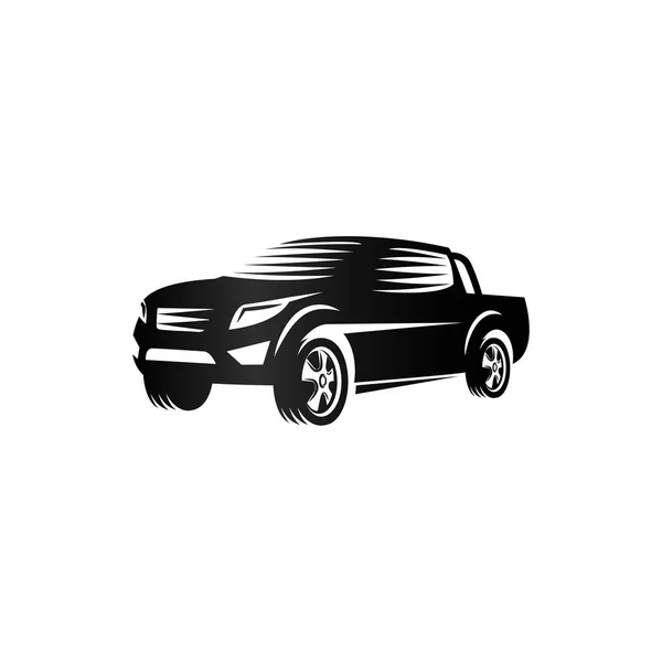 Elszigetelt fekete-fehér stílus pickup teherautók logó, autók logo, fekete színű autóipari jármű vektoros illusztráció gravírozás — Stock Vector