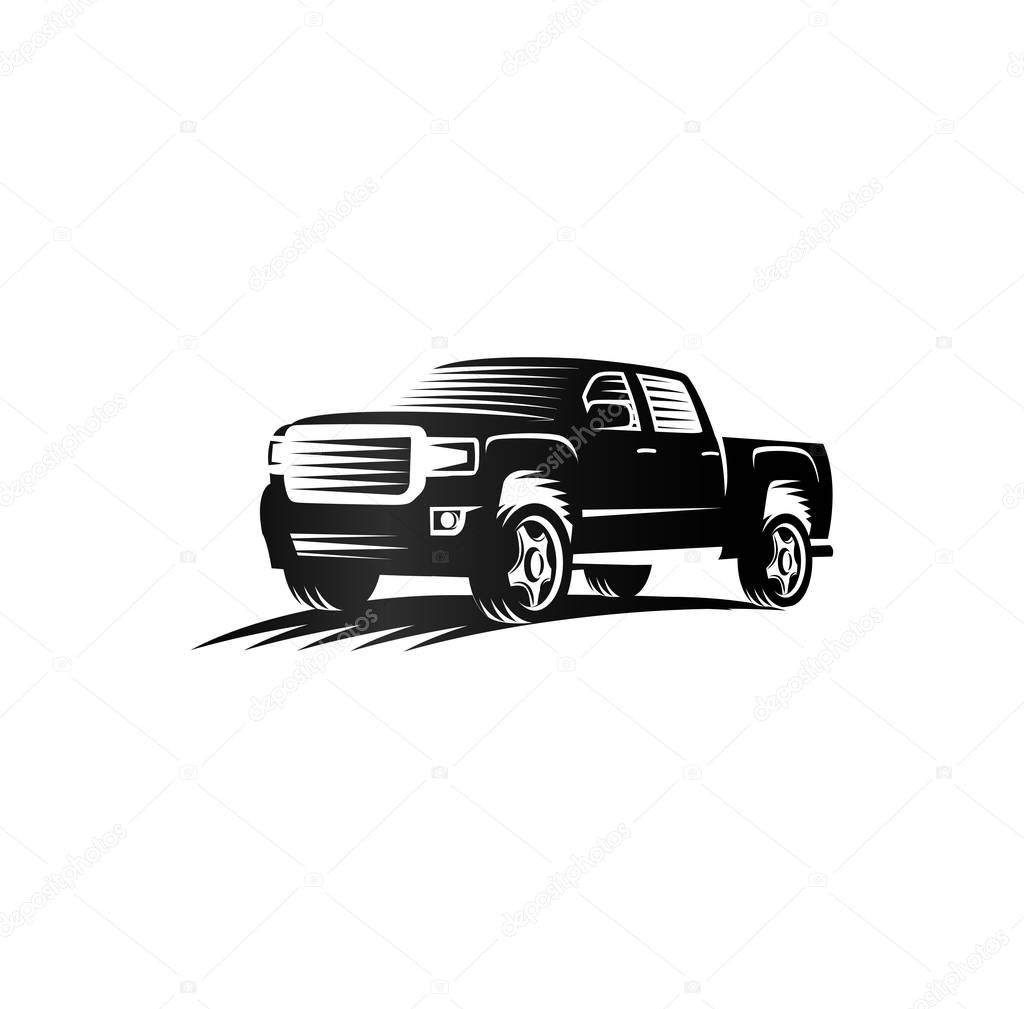 Isolated monochrome engraving style pickup trucks logo, cars logotype, black color automotive vehicle vector illustration.