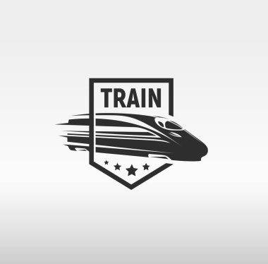 Beyaz arka plan vektör çizim logosuna çerçeve içinde izole tek renkli modern gravür tarzı tren