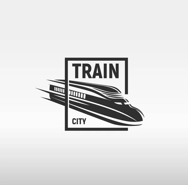 Isolato monocromatico moderno stile gravure treno in cornice logo su sfondo bianco vettoriale illustrazione — Vettoriale Stock
