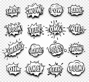 İzole soyut siyah ve beyaz renk komik konuşma balonları simgeler koleksiyonu damalı arka planda, popüler ifadeler kümesi ile diyalog kutuları, pop sanat iletişim çerçeveler illüstrasyon vektör