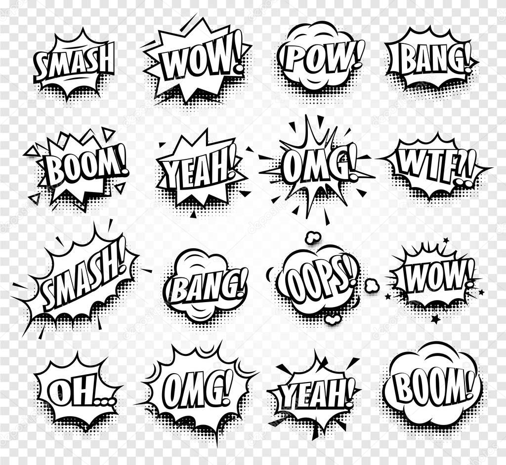 Isolated abstract black and white color comics speech balloons icons collection on checkered background, dialogue boxes with popular expressions set,pop art dialog frames vector illustration