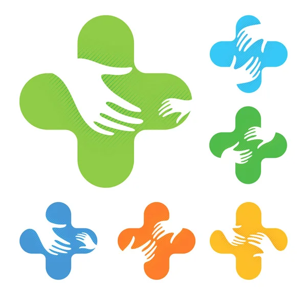 İzole soyut renkli çapraz iki elle ulaşan her logo koymak, tıbbi eleman logo toplama beyaz arka plan üzerinde