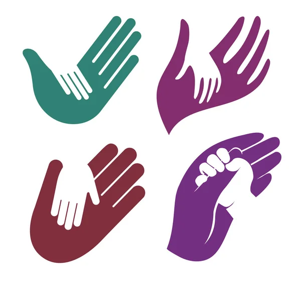 Izolované abstraktní barevné dítěte a ruku v ruce logo set, dítě dotýkat nadřazené palm logotyp kolekce na bílém pozadí — Stockový vektor
