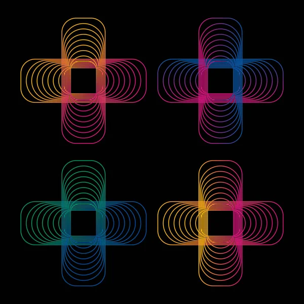 Izolované abstraktní barevné neonové kříž logo na černém pozadí, neobvyklé lékařské znamení kolekce plus tlačítko symbol vektorové ilustrace — Stockový vektor