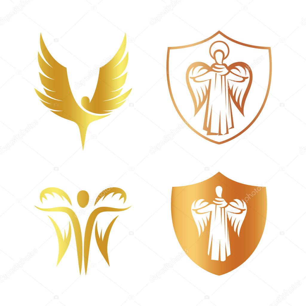 Isolated golden color angel silhouette logo set, shield with religious element logotype collection,coat of arm with archangel vector illustrations on white.