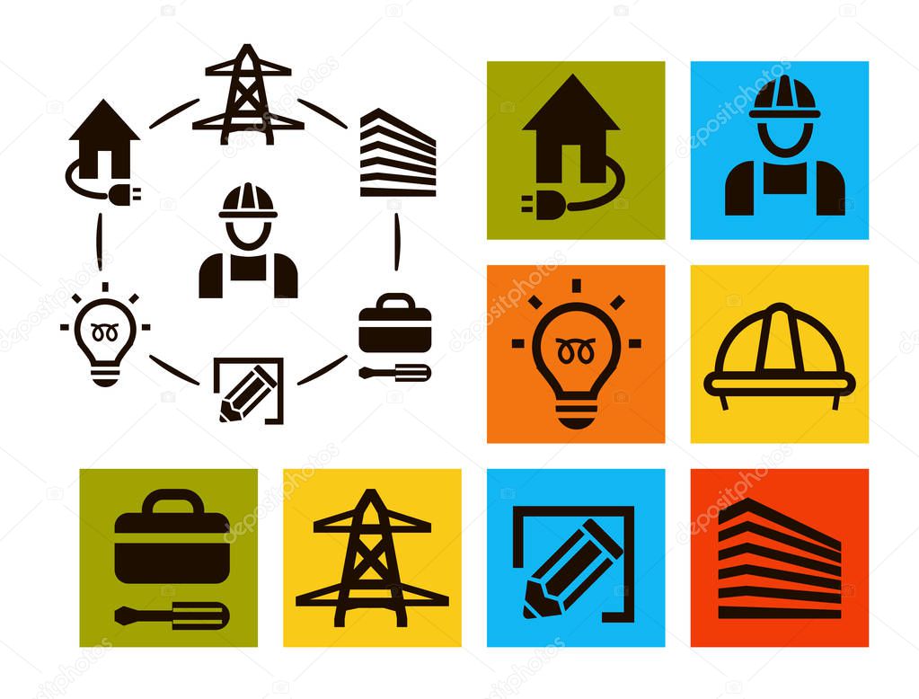 Isolated professional electrician icons set, equipment and tools logos collection, electricity pictogram elements vector illustration