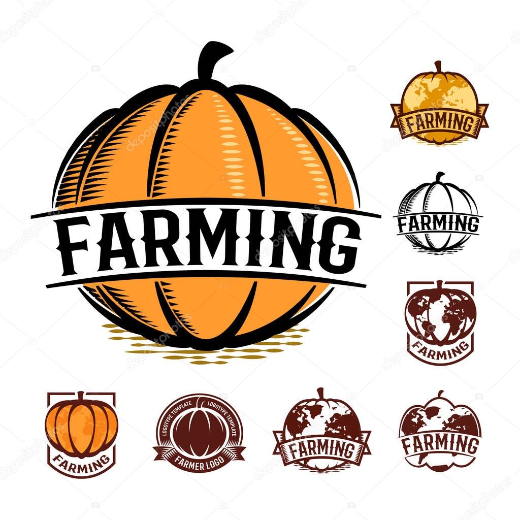 Isolated orange color pumpkin logo set on white, autumn vegetable logotype collection, stylized globe vector illustration.