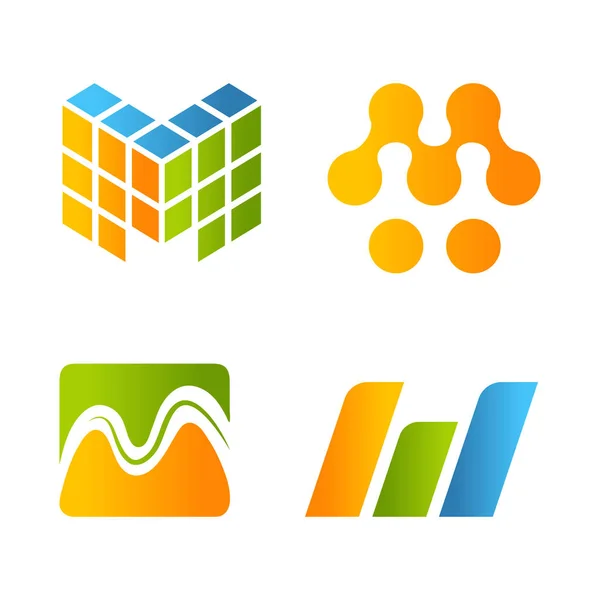 Colección de logotipo de letra m estilizada de color azul, naranja y verde abstracto aislado, ilustración de vector de conjunto de logotipo de elemento de alfabeto — Vector de stock