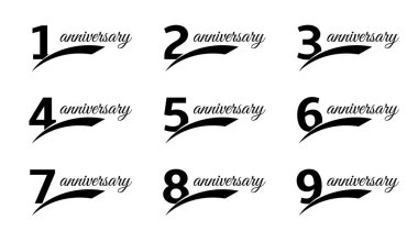 Isolated black color numbers with word anniversary icons set, greeting card elements collection vector illustrations. clipart