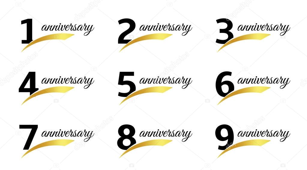 Isolated black color numbers with word anniversary icons set, greeting card elements collection vector illustrations.