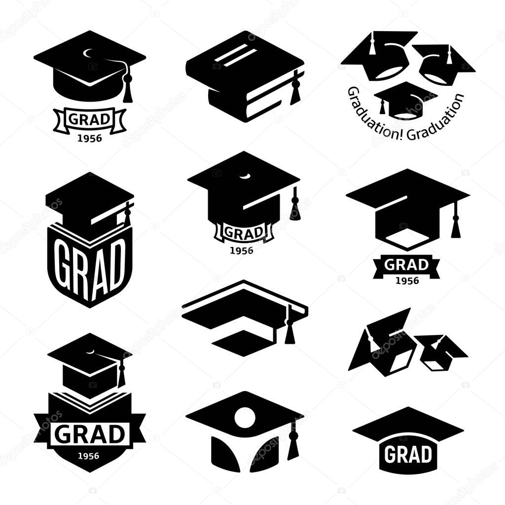 Isolated black and white color students graduation hat logo collection, mortarboard of books logotype set, university grad emblems, education element vector illustration.