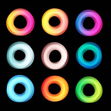 Olağandışı soyut geometrik şekiller logo koymak vektör. Siyah arka plan üzerinde dairesel renkli Logotype koleksiyon.