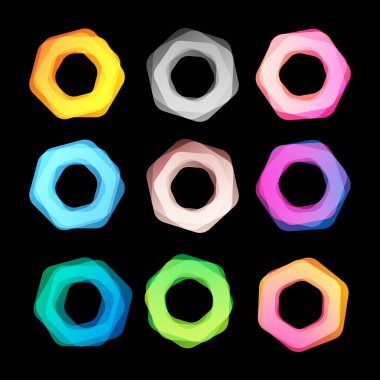 Olağandışı soyut geometrik şekiller logo koymak vektör. Siyah arka plan üzerinde dairesel, poligonal renkli Logotype koleksiyon.