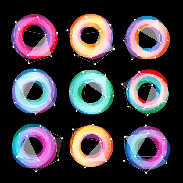 Formas geométricas abstractas inusuales vector logo conjunto. Colección de logotipos circulares de colores sobre fondo negro . — Archivo Imágenes Vectoriales