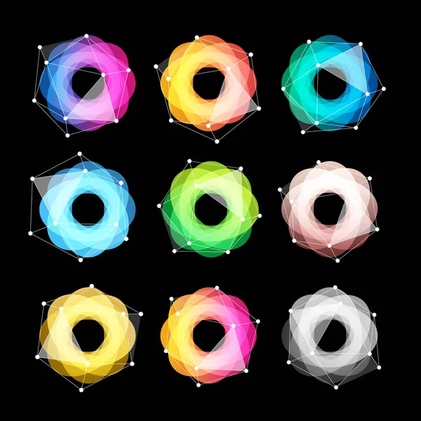 Neobvyklé abstraktní geometrické tvary vektorové logo set. Kruhové, polygonální barevná loga kolekce na černém pozadí. — Stockový vektor