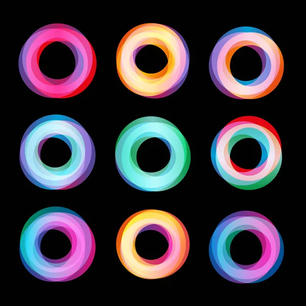 Ασυνήθιστο αφηρημένα γεωμετρικά σχήματα vector σετ logo. Κυκλικές, πολυγωνικό πολύχρωμα λογότυπα συλλογής σχετικά με το μαύρο φόντο. — Διανυσματικό Αρχείο