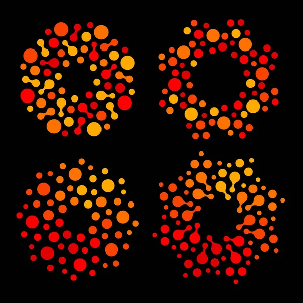 Izolované abstraktní kruhového tvaru oranžová a červená barva logo sada, tečkované stylizovanými slunci logotyp sbírku na černém pozadí vektorové ilustrace — Stockový vektor