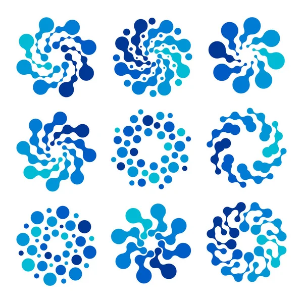 Logo warna biru bentuk bulat yang terisolasi, kumpulan logotype berbintik-bintik, ilustrasi vektor elemen air pada latar belakang putih - Stok Vektor
