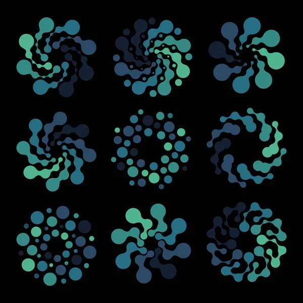 Forma redonda abstrata isolada conjunto de logotipo de cor azul, coleção de logotipos pontilhados, ilustração vetorial de elemento de redemoinho de água no fundo preto — Vetor de Stock