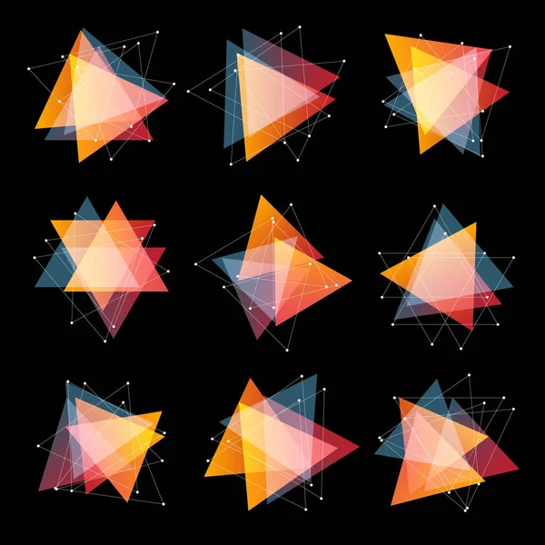 Logotipo de triángulos de color rosa y naranja abstractos aislados establecidos sobre fondo negro, logotipo de forma triangular geométrica de superposiciones transparentes colección vector ilustración — Archivo Imágenes Vectoriales