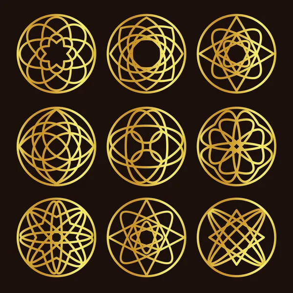 Απομονωμένη αφηρημένο γύρο σχήμα χρυσαφένιο χρώμα λογότυπο οριστεί, συλλογή διακοσμητικών πολυτελές χρυσό λογοτύπων, εικονογράφηση διάνυσμα floral μοτίβο σε μαύρο φόντο — Διανυσματικό Αρχείο