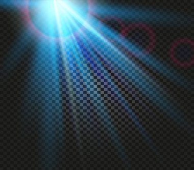 Vektör mavi renk ışık efektleri, damalı arka plan, aydınlatma vektör çizim üzerinde parlayan kirişler parlayan