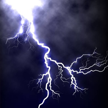 Koyu mavi gökyüzü, tunderstorm öğesi vektör çizim gerçekçi yıldırım izole
