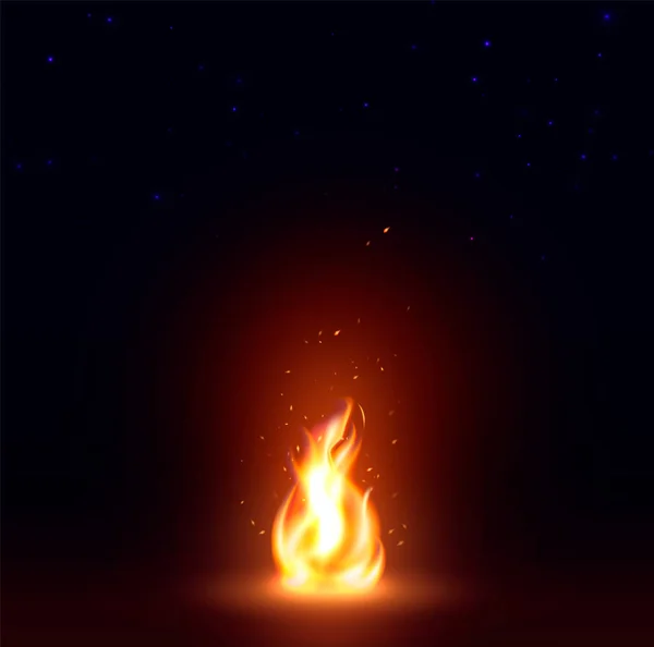 孤立した抽象的なリアルな火災炎画像、暗い背景のベクトル図で焚き火 — ストックベクタ