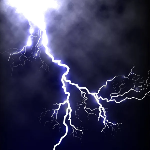 Rayo realista aislado en el cielo azul oscuro, tunderstorm elemento vector ilustración — Vector de stock
