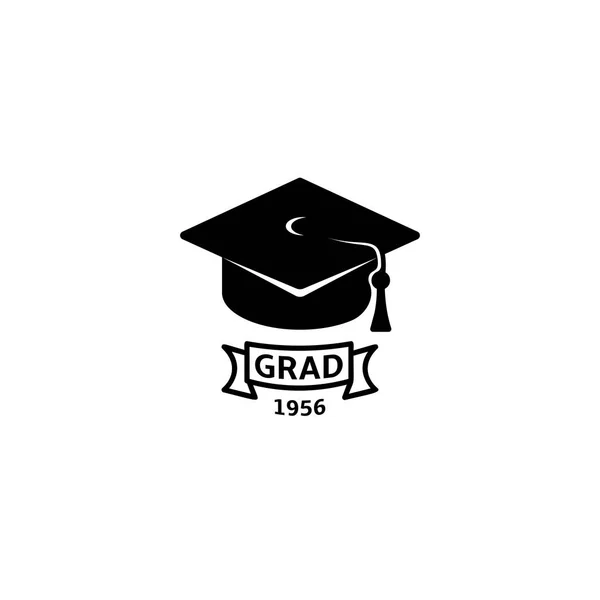 Geïsoleerde zwart-witte kleur bachelor hoed met woord grad logo, studenten afstuderen uniforme logo, onderwijs element vectorillustratie — Stockvector