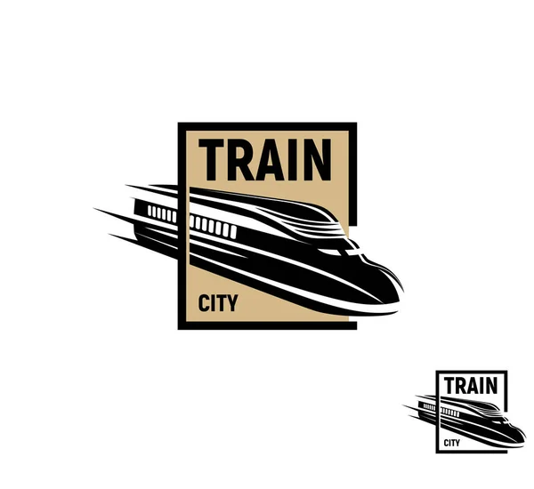 Tren de color negro abstracto aislado en el logotipo cuadrado marrón sobre fondo blanco, logotipo de transporte ferroviario moderno monocromo, elemento ferroviario en la ilustración vectorial de estilo de grabado — Archivo Imágenes Vectoriales