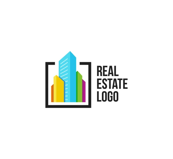 Logo de la agencia inmobiliaria colorida aislada, logotipo de la casa en blanco, icono del concepto del hogar, ilustración del vector del rascacielos — Vector de stock