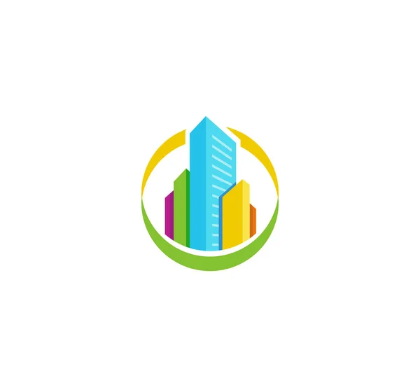 Logo d'agence immobilière coloré isolé, logotype maison sur blanc, icône concept maison, illustration vectorielle gratte-ciel — Image vectorielle