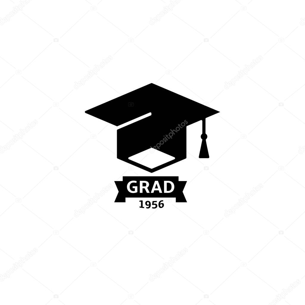 Isolated black and white color bachelor hat with word grad logo, students graduation uniform logotype, education element vector illustration.